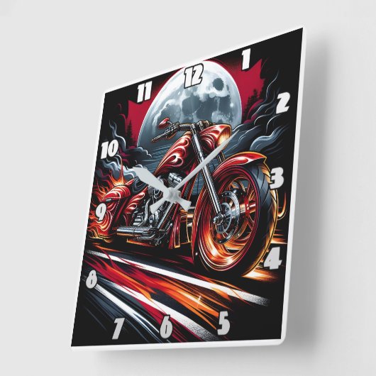 満月の下で燃えるようなバイクが走る スクエア壁時計 (傾斜)