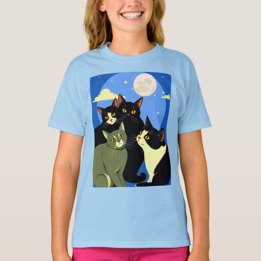 満月の下で狩りをする猫たち Tシャツ (正面)