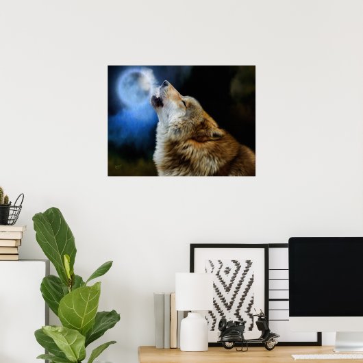 満月の下で狼が吠える ポスター (ホームオフィス)