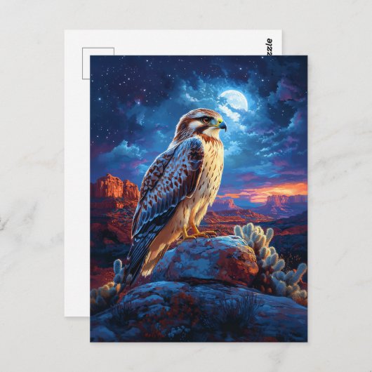 満月の下で砂漠でタカ ポストカード (正面/裏面)