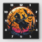 満月の下で神秘的なハロウィーンの馬に乗る スクエア壁時計 (正面)