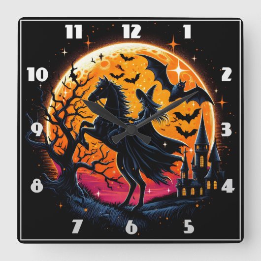満月の下で神秘的なハロウィーンの馬に乗る スクエア壁時計 (正面)