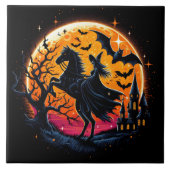 満月の下で神秘的なハロウィーンの馬に乗る タイル (正面)