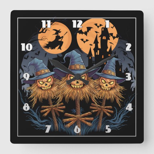 満月の下で魅惑的なハロウィーンのかかし スクエア壁時計 (正面)