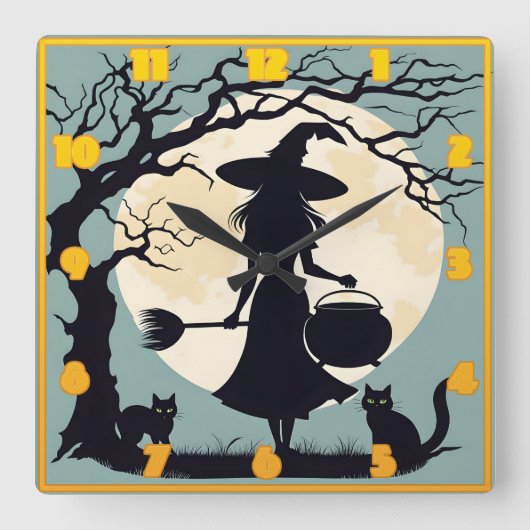 満月の下で魔女がポーションを醸造する スクエア壁時計 (正面)