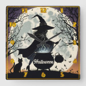 満月の下で魔女がポーション白熱［赤熱］光を放つを巻く スクエア壁時計 (正面)