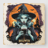 満月の下で魔法を育てる スクエア壁時計 (正面)