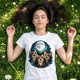 満月の下で鳴く愛らしい猫のトリオ 女性用 Tシャツ