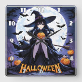 満月の下にカボチャを持つ魔女 スクエア壁時計 (正面)