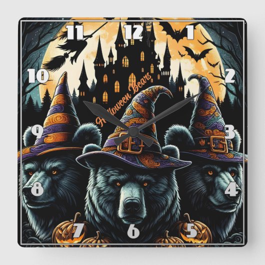 満月の下に生える魔女帽子 スクエア壁時計 (正面)