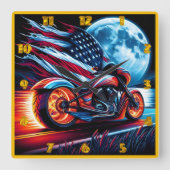 満月の下のオートバイ、アメリカ国旗 スクエア壁時計 (正面)
