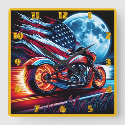 満月の下のオートバイ、アメリカ国旗 スクエア壁時計 (正面)