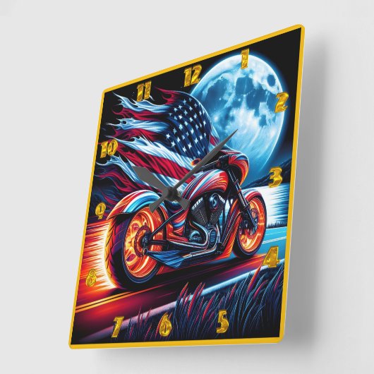 満月の下のオートバイ、アメリカ国旗 スクエア壁時計 (傾斜)