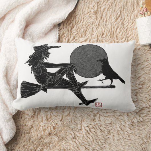 満月の下のカラスが付いているほうきの魔法使い ランバークッション (ブランケット)