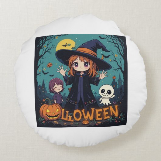 満月の下のゴシック様式の魔女 – Dark Halloween ラウンドクッション (裏面)