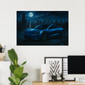 満月の下のスタイリッシュな電気自動車 ポスター (ホームオフィス)