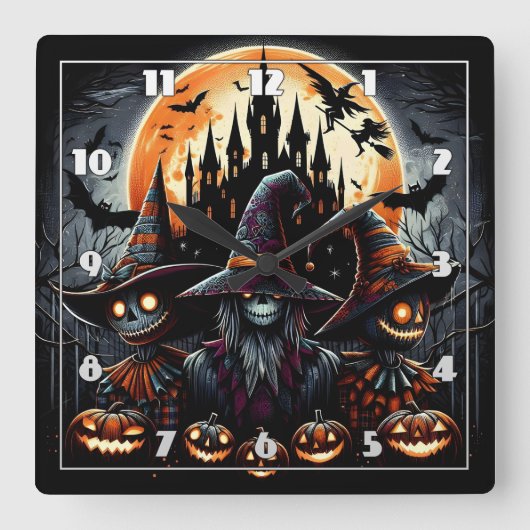 満月の下のハロウィーンのかかしトリオ スクエア壁時計 (正面)