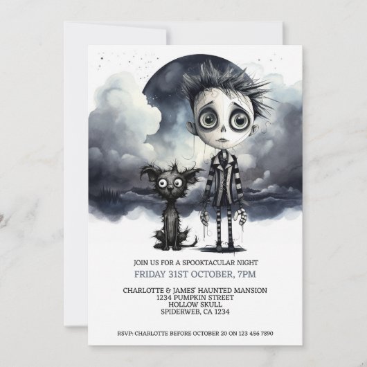 満月の下のハロウィーン怖い少年と犬 招待状 (正面)