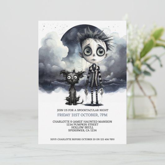 満月の下のハロウィーン怖い少年と犬 招待状 (スタンド正面)