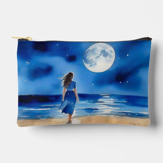 満月の下のビーチの少女 アクセサリーポーチ (正面)
