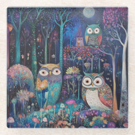 満月の下の三つのフクロウ ガラスコースター