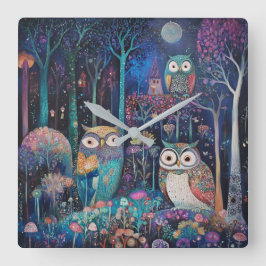 満月の下の三つのフクロウ スクエア壁時計