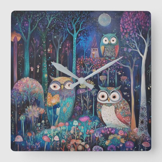 満月の下の三つのフクロウ スクエア壁時計 (正面)