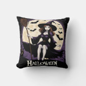 満月の下の不気味な風景の中の魔女 クッション (正面)