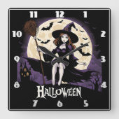満月の下の不気味な風景の中の魔女 スクエア壁時計 (正面)