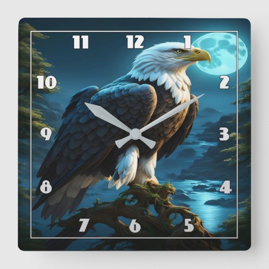 満月の下の夜に止まったワシ スクエア壁時計 (正面)