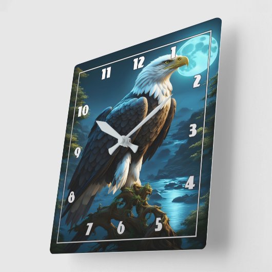 満月の下の夜に止まったワシ スクエア壁時計 (傾斜)