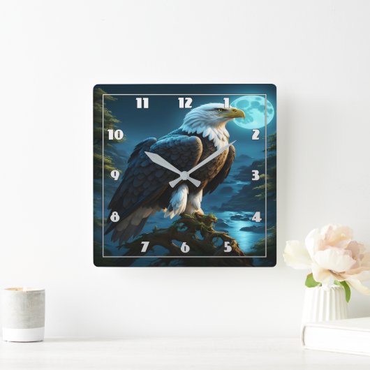満月の下の夜に止まったワシ スクエア壁時計 (ホーム)