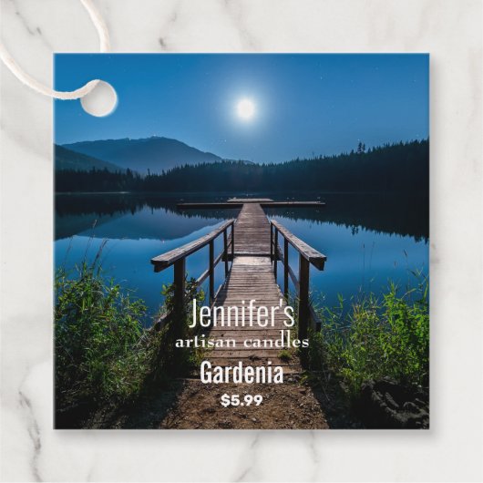 満月の下の夜の桟橋の価格ラベル フェイバータグ (正面)