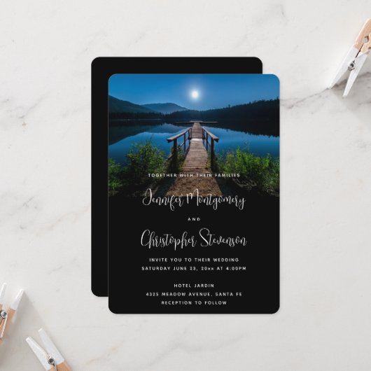 満月の下の夜の桟橋結婚 招待状 (正面/裏面インサイチュ)