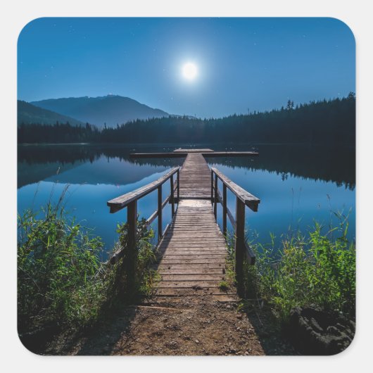 満月の下の夜の桟橋 スクエアシール (正面)