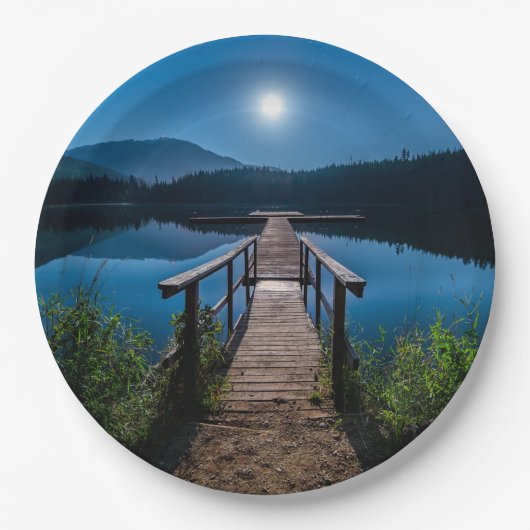 満月の下の夜の桟橋 ペーパープレート (正面)