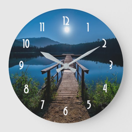 満月の下の夜の桟橋 ラージ壁時計 (正面)