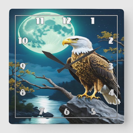 満月の下の岩に止まったワシ スクエア壁時計 (正面)