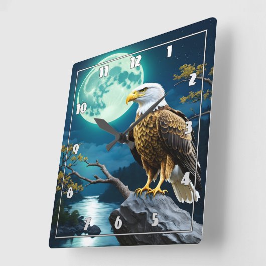 満月の下の岩に止まったワシ スクエア壁時計 (傾斜)