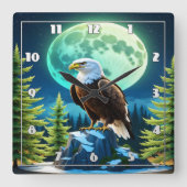 満月の下の岩に止まったワシ スクエア壁時計 (正面)