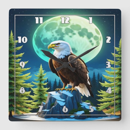 満月の下の岩に止まったワシ スクエア壁時計 (正面)