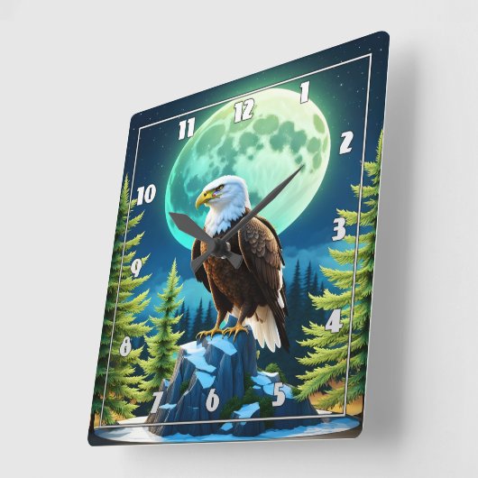 満月の下の岩に止まったワシ スクエア壁時計 (傾斜)