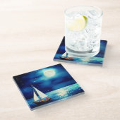 満月の下の帆船 ガラスコースター (アングル)