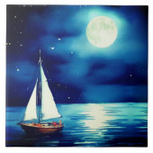 満月の下の帆船 タイル (正面)