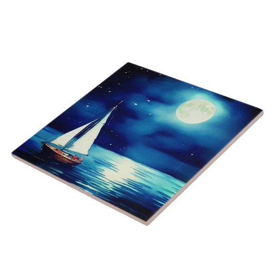 満月の下の帆船 タイル (側面)
