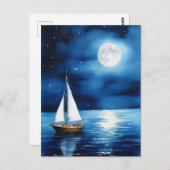 満月の下の帆船 ポストカード (正面/裏面)