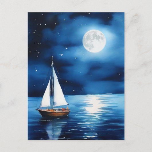 満月の下の帆船 ポストカード (正面)