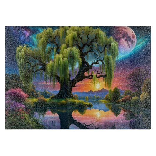 満月の下の柳の木N星空の夕日 カッティングボード (正面)