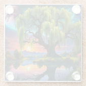 満月の下の柳の木N星空の夕日 ガラスコースター (裏面)