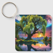 満月の下の柳の木N星空の夕日 キーホルダー (正面)